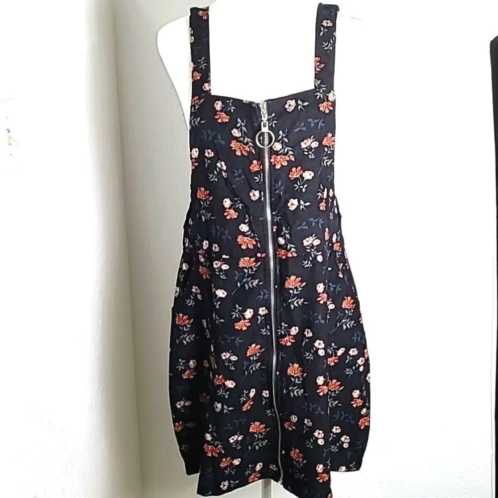 Shein Pinafore Dress, Black with Orange Floral, Zipper down front,Size XL, NWOT - Picture 2 of 10